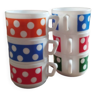 Lot de 6 tasses Arcopal Polka années 70