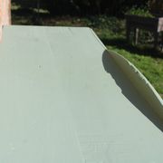 Renovated vintage sage green enfilade – wooden legs & bevelled display cabinets