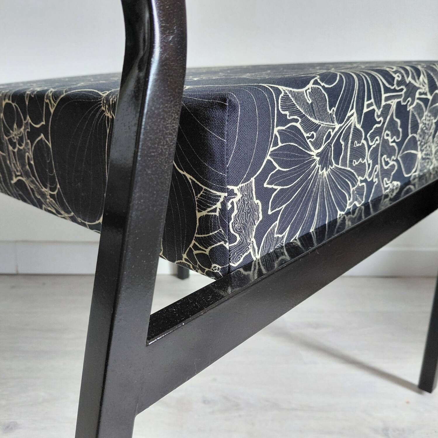 Pair of black metal and fabric armchairs, 1970s, restored.
