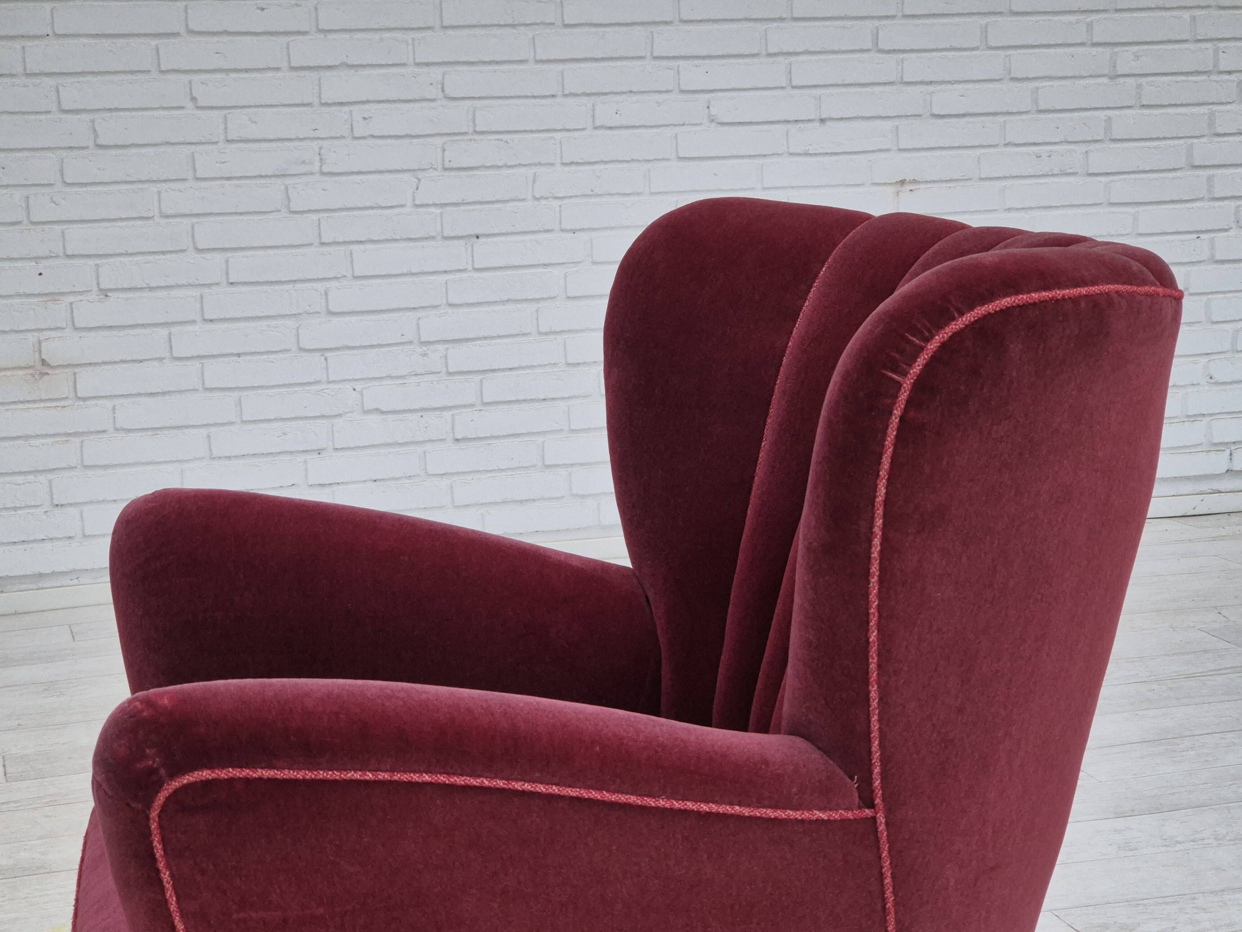 1960s, Danish armchair, original condition, cherry-red furniture velour.
