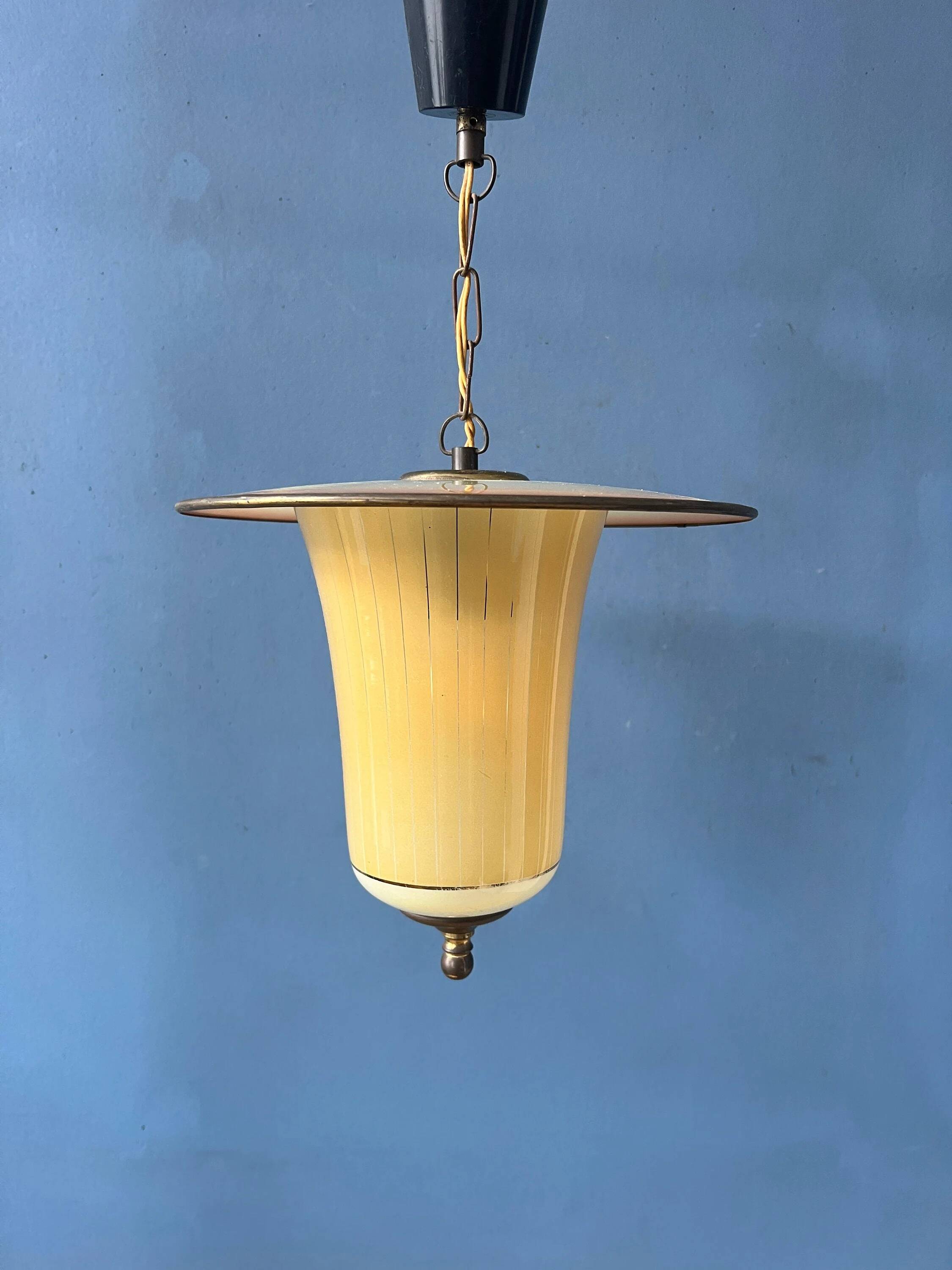 Vintage 1950s glass and brass pendant light.