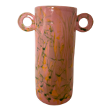 Pink ceramic vase with abstract circular handles