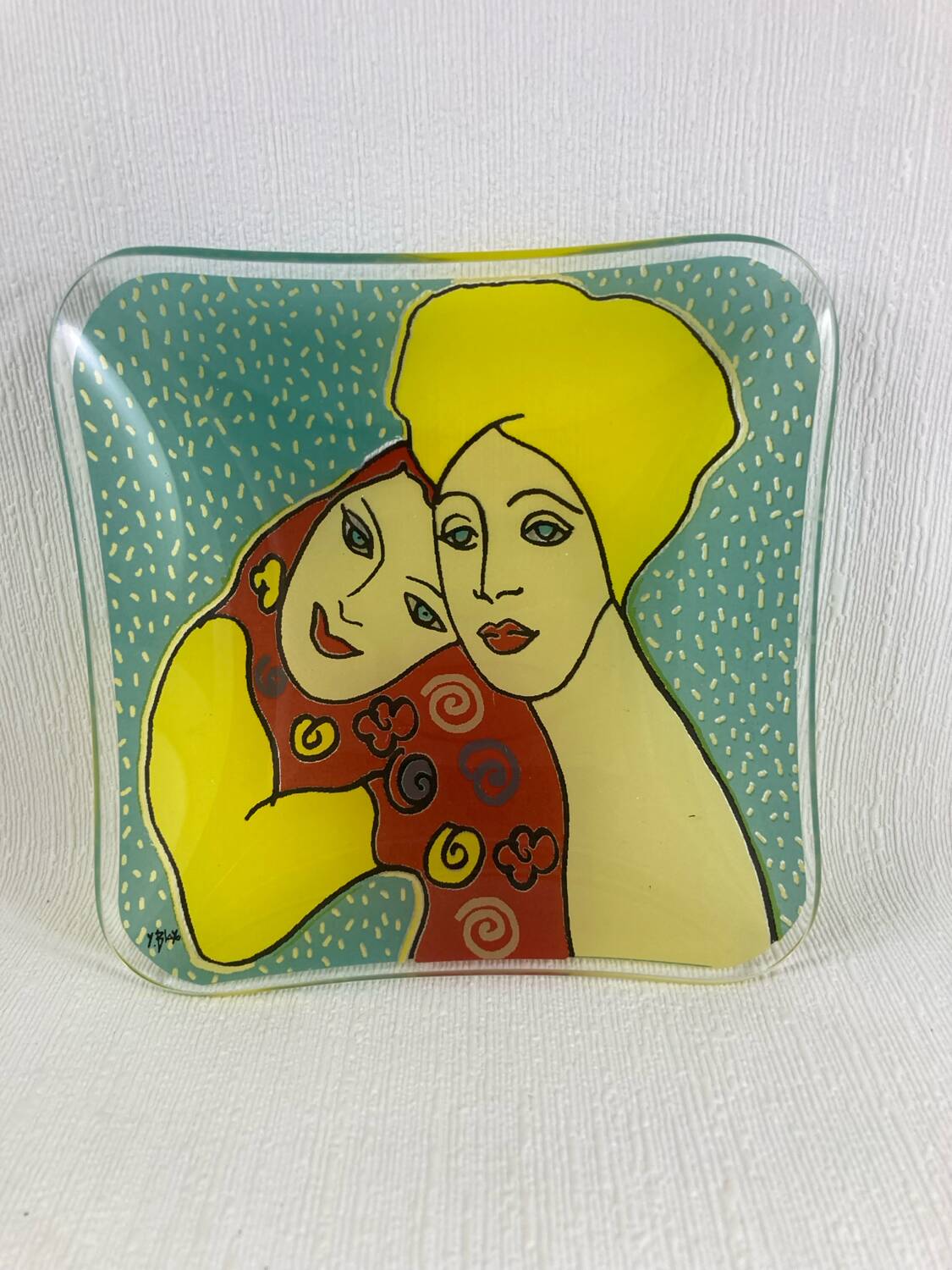 Yves Blayo Signed "Russian Women" Glass Trinket Tray in Screen-Printed Glass