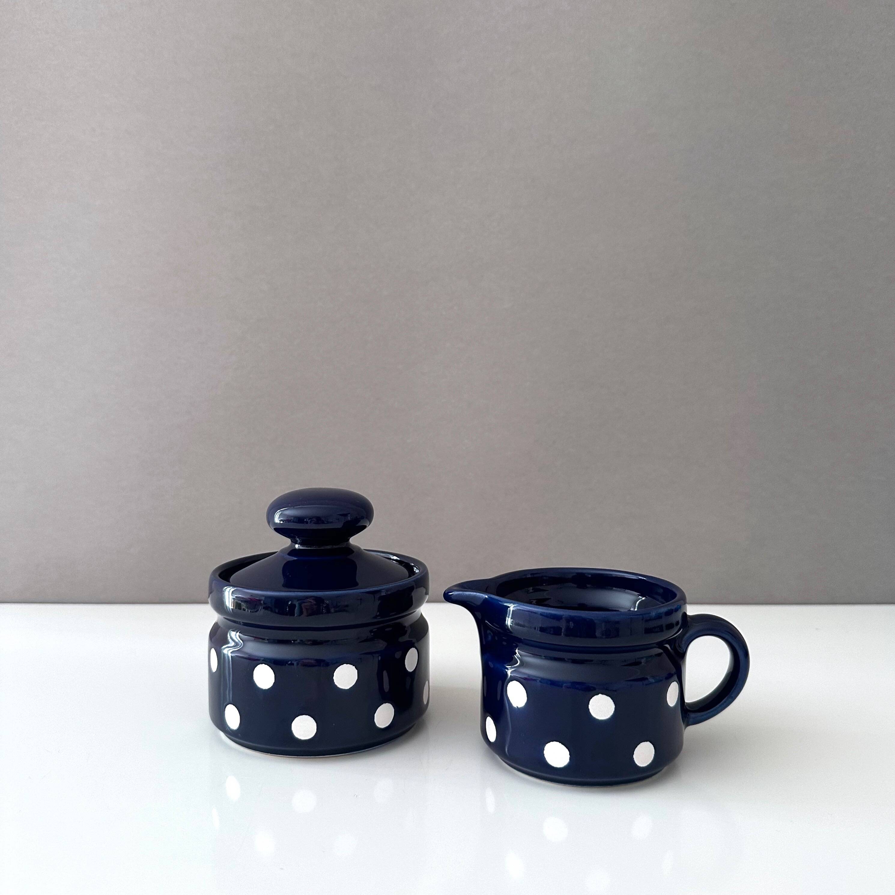 Vintage milk and sugar Wächtersbach ceramic blue and white, milk jug and sugar bowl, polka dots, 70s