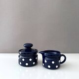 Vintage milk and sugar Wächtersbach ceramic blue and white, milk jug and sugar bowl, polka dots, 70s