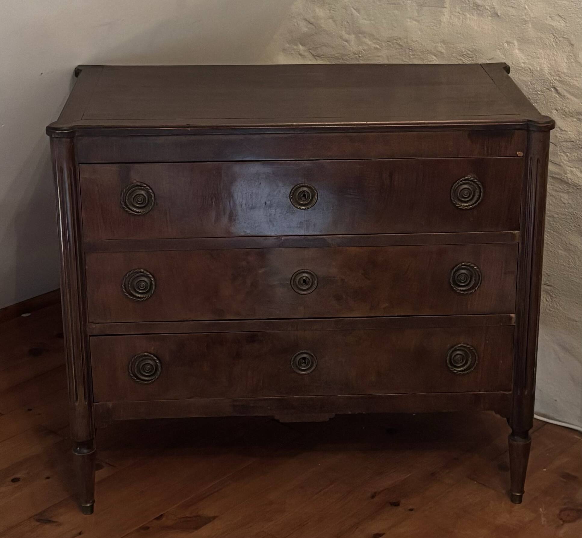 Commode ancienne 3 tiroirs style Empire/Restauration Poignées bronze cordée