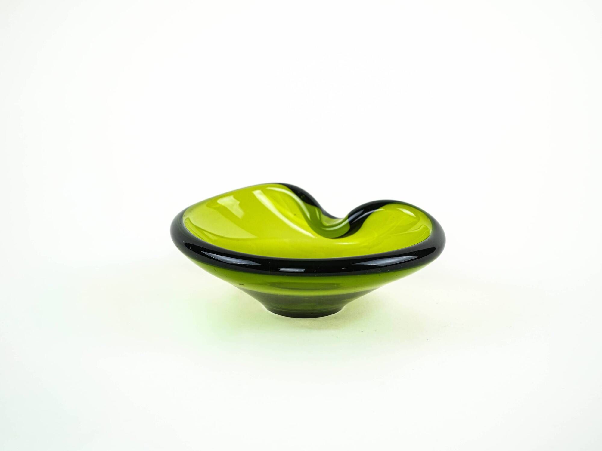Holmegaard glass platter in olive green, organic form, Danish design, 1970s