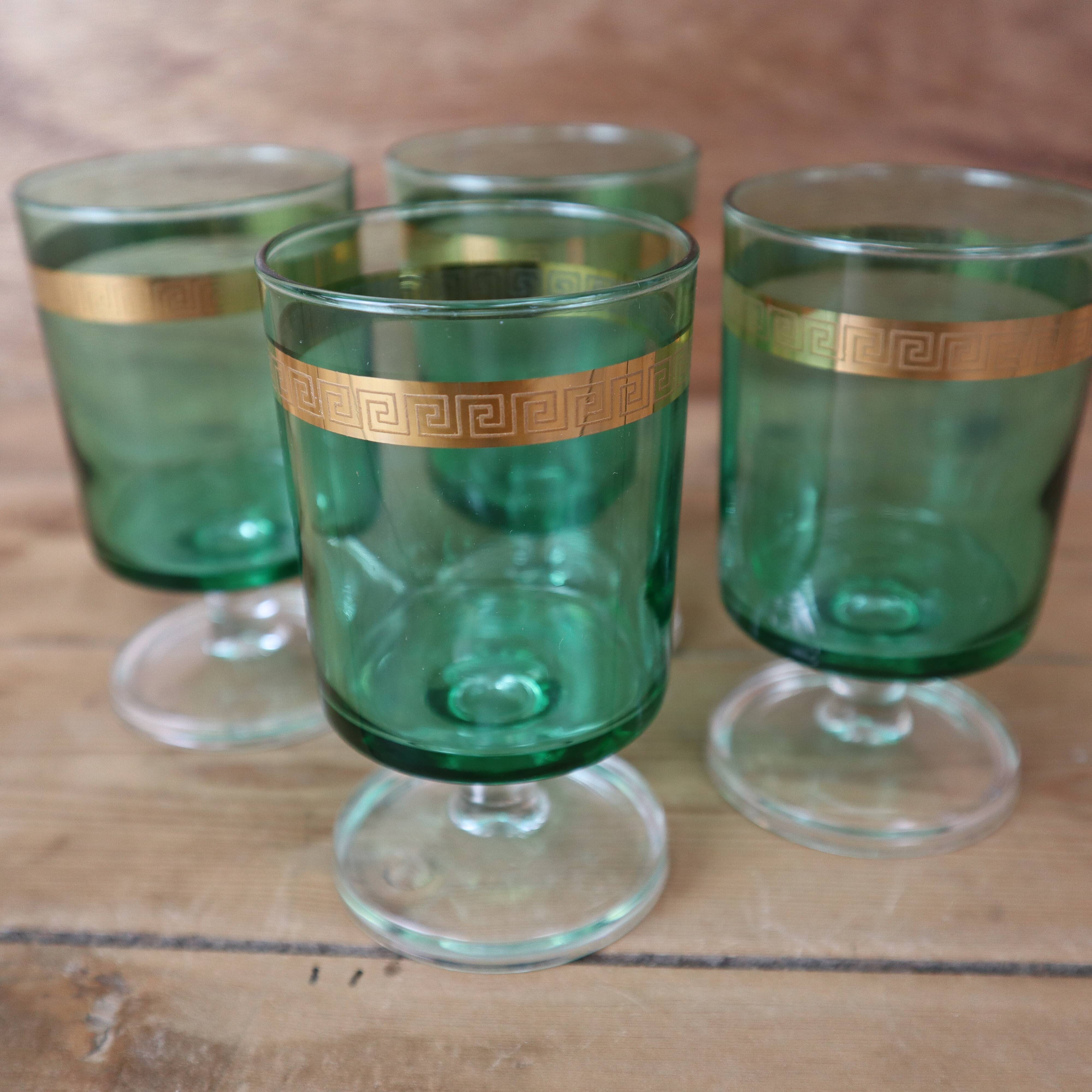4 red wine glasses with emerald green stem and gold rim Luminarc