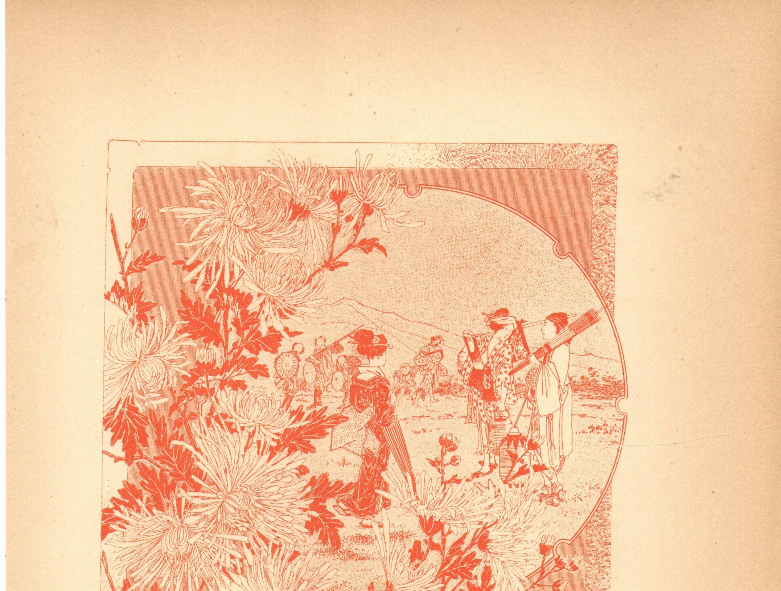 Art Nouveau engraving 1896 - Chrysanthemums and Japanese scene by G. Fraipont