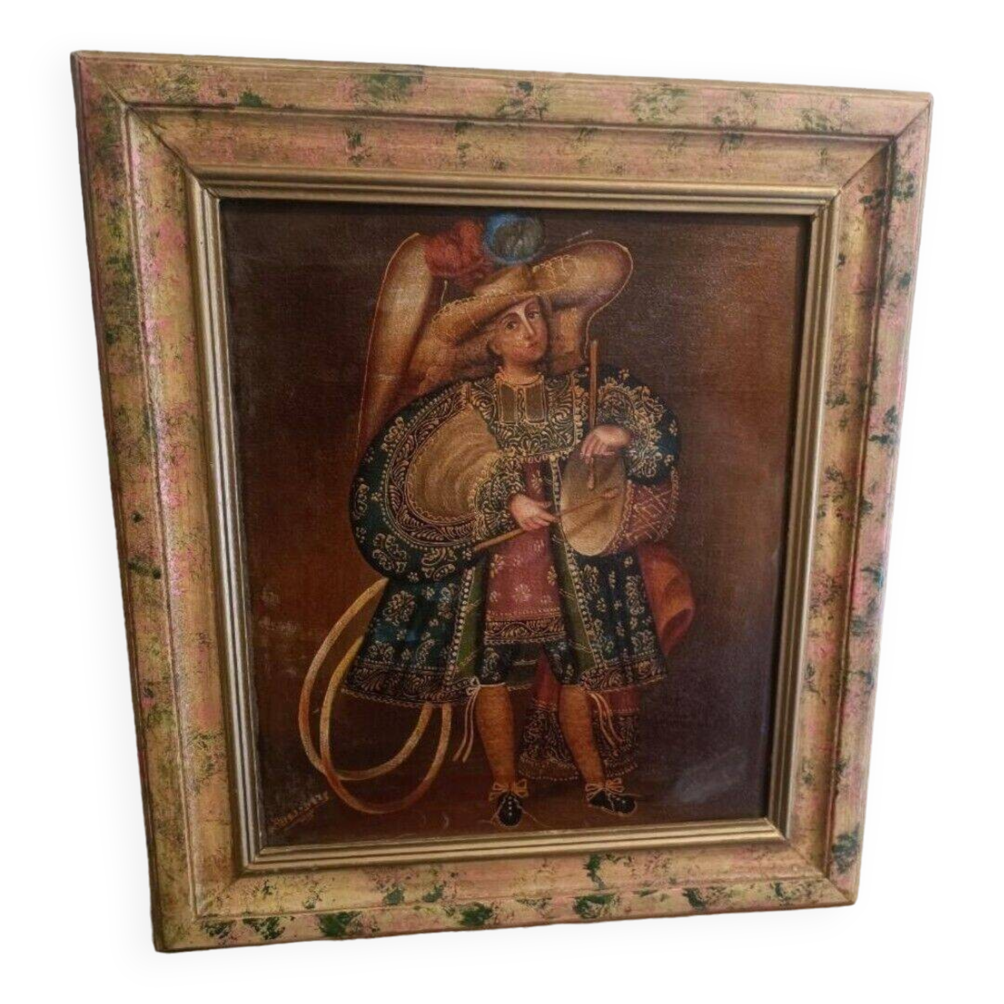 Ancienne peinture à l'huile religieuse représentant un ange musicien, école de Cuzco, XXe siècle.