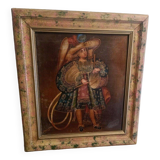 Ancienne peinture à l'huile religieuse représentant un ange musicien, école de Cuzco, XXe siècle.