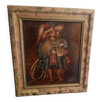 Ancienne peinture à l'huile religieuse représentant un ange musicien, école de Cuzco, XXe siècle.