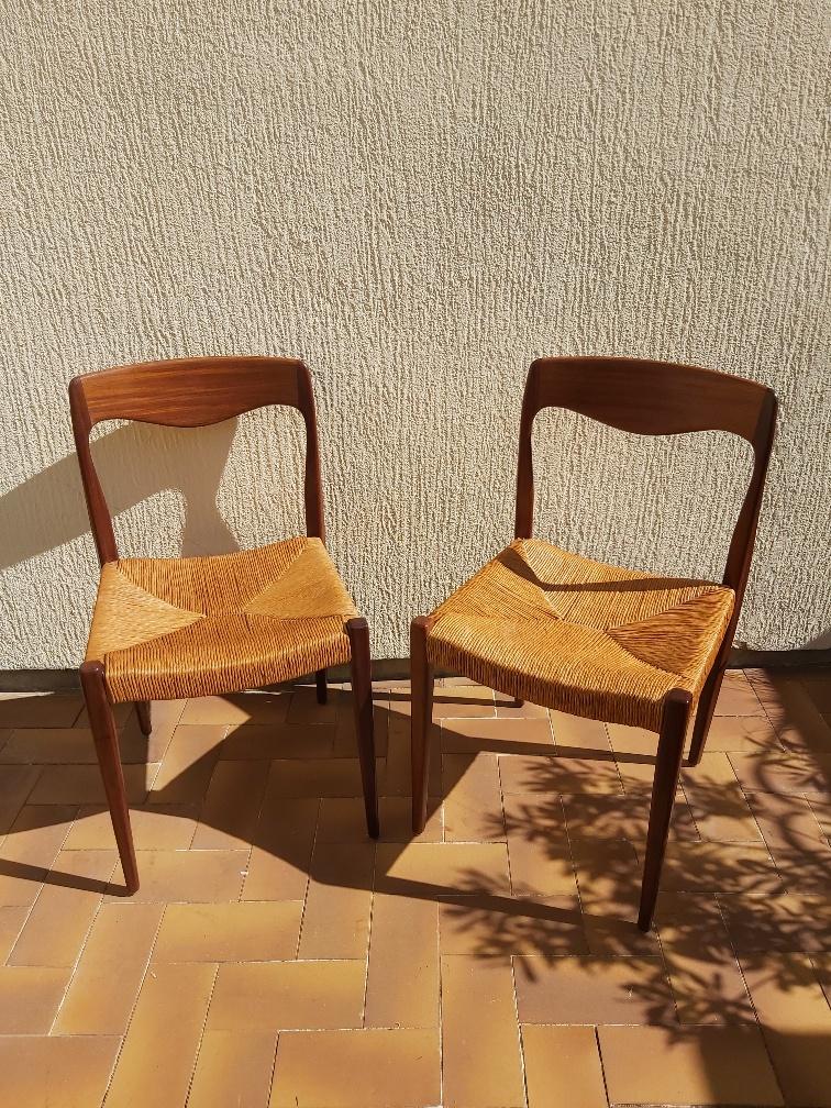 3 Niels Otto Moller chairs in teak and straw 60s