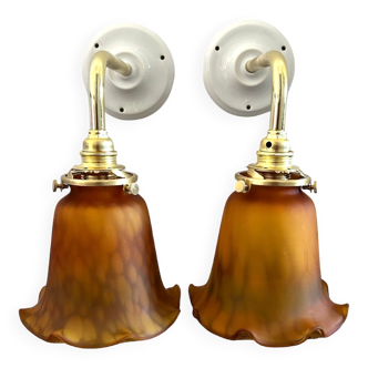 Pair of vintage amber glass wall lights