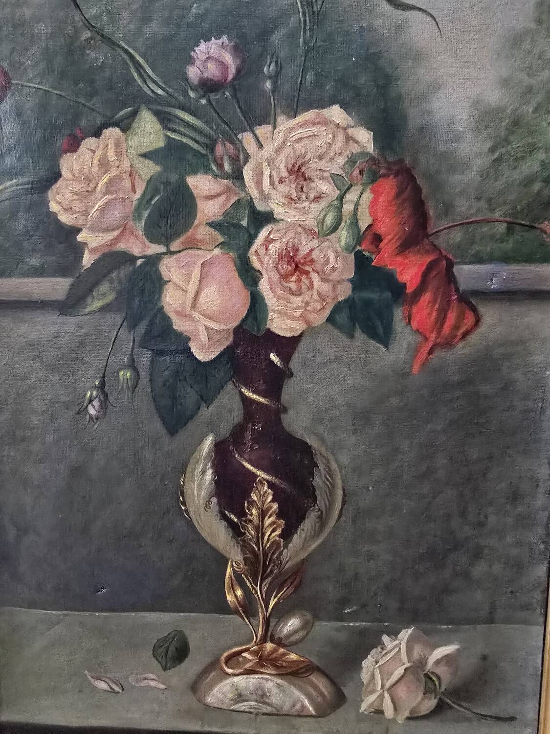 Oil on canvas with bouquet