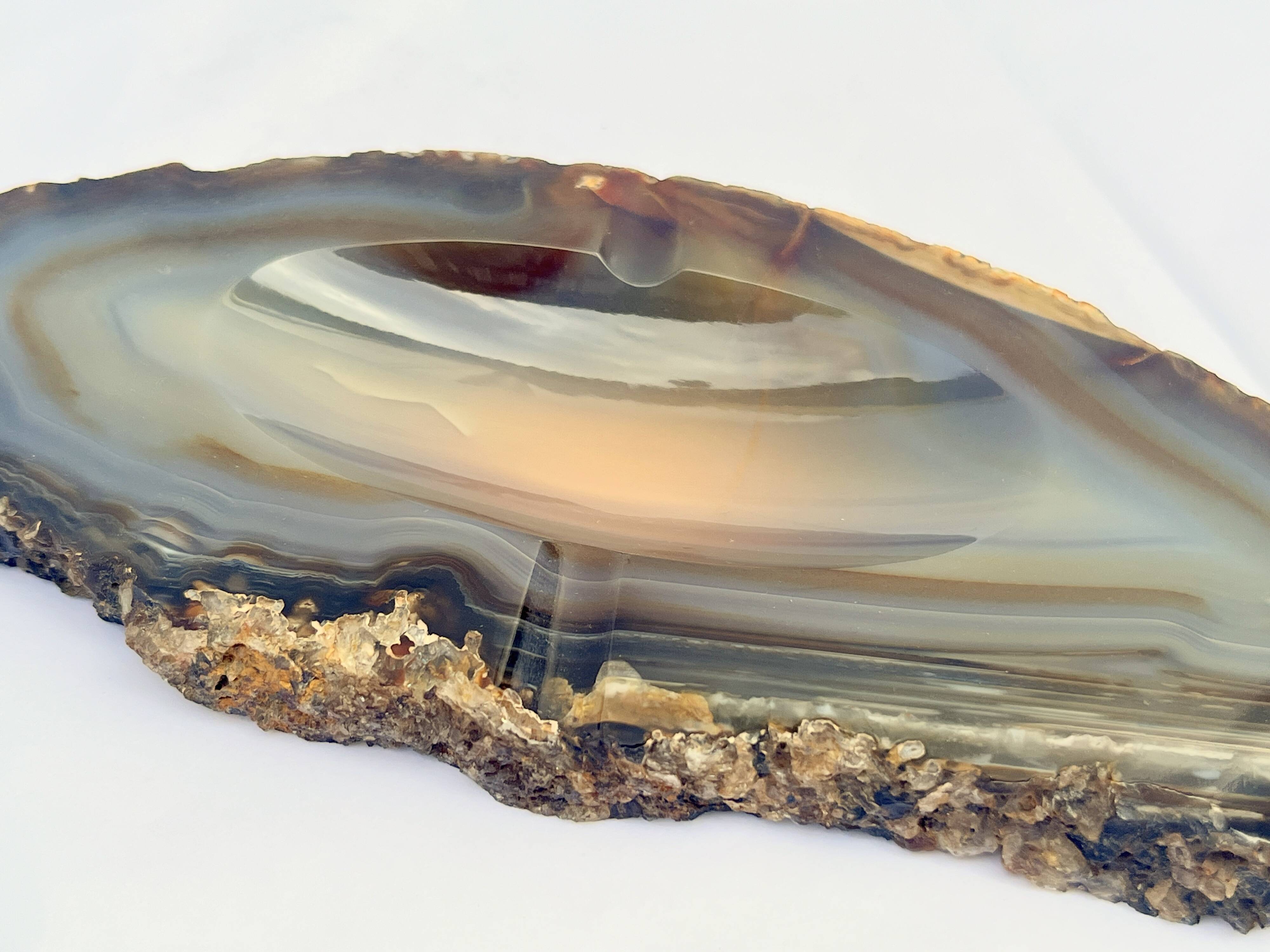 Vintage blue-grey agate slice tray and agate ashtray from the 1960s