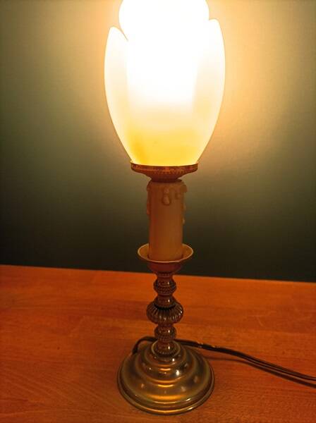Bedside lamp candle holder gold metal base tulip frosted glass