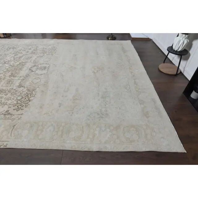 1970s Vintage Persian Handmade Wool Cotton Beige Area Rug 285x370