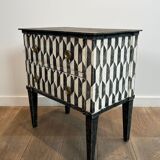 Small Italian chest of drawers with two drawers, patinated with a trompe-l'œil checkerboard pattern