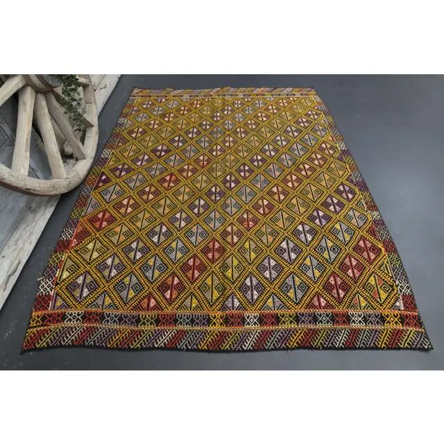 Vintage Turkish Oushak Handmade Wool & Cotton Yellow Area Rug 162x212