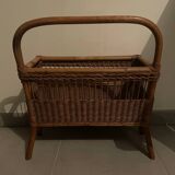 Vintage rattan magazine rack with side shelf - Bohemian style