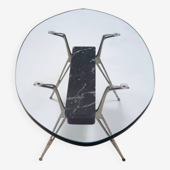Oval Glass Coffee Table with Portoro Marble and Iron Base, Italy