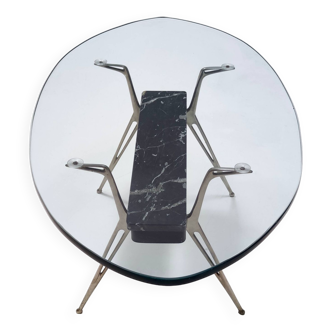 Table basse ovale en verre avec base en marbre Portoro et fer, Italie