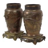 Paire de vases en bronze japonais période Meiji Phoenix 28 cm