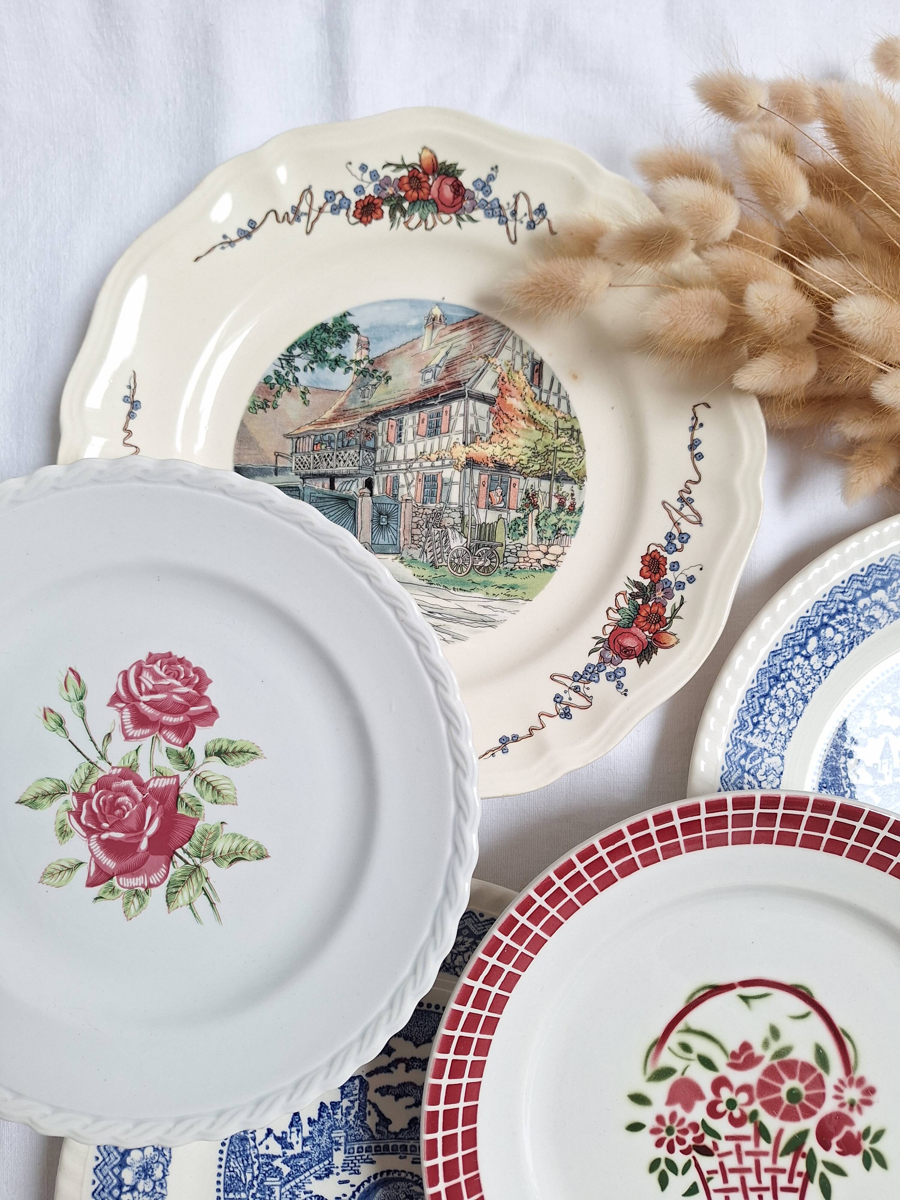 6 blue and pink dinner plates