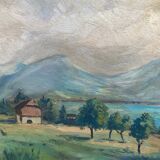 Painting "Mountain landscape" signed Sampic, artist of the Yonne 1950