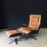Set of Mid-Century Modern Leather Lounge Chair and Ottoman, Germany, 1960s