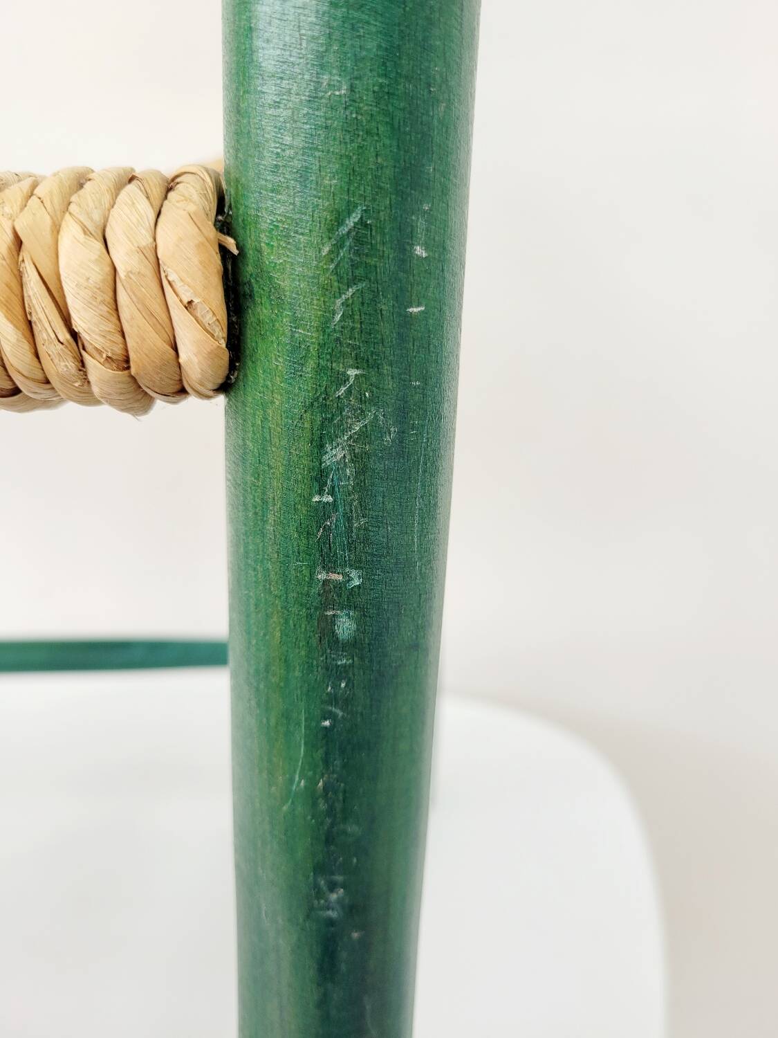 Small vintage children's chair in wood and green straw