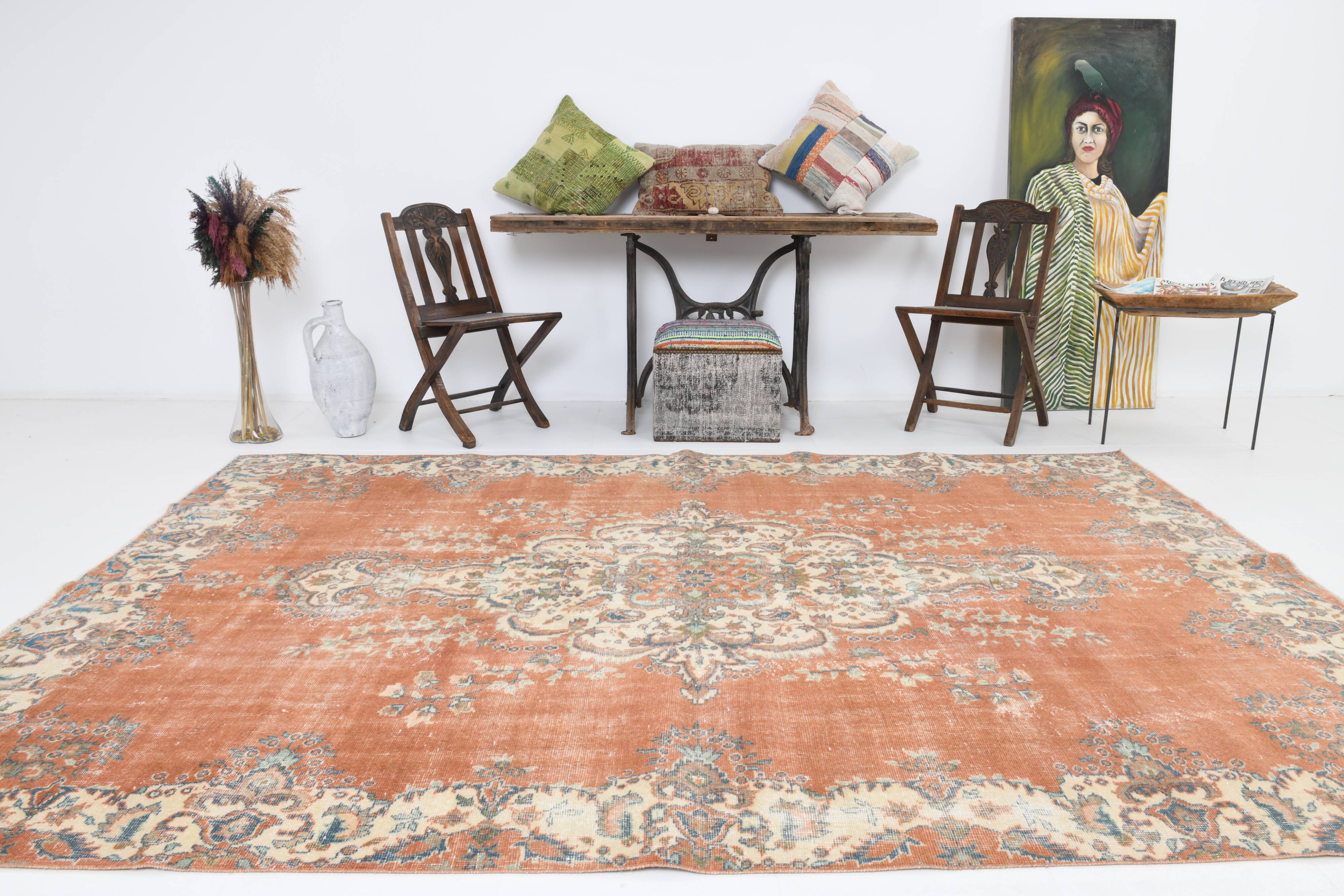 Tapis vintage en laine orange 310 x 217 cm, fait main, grand format