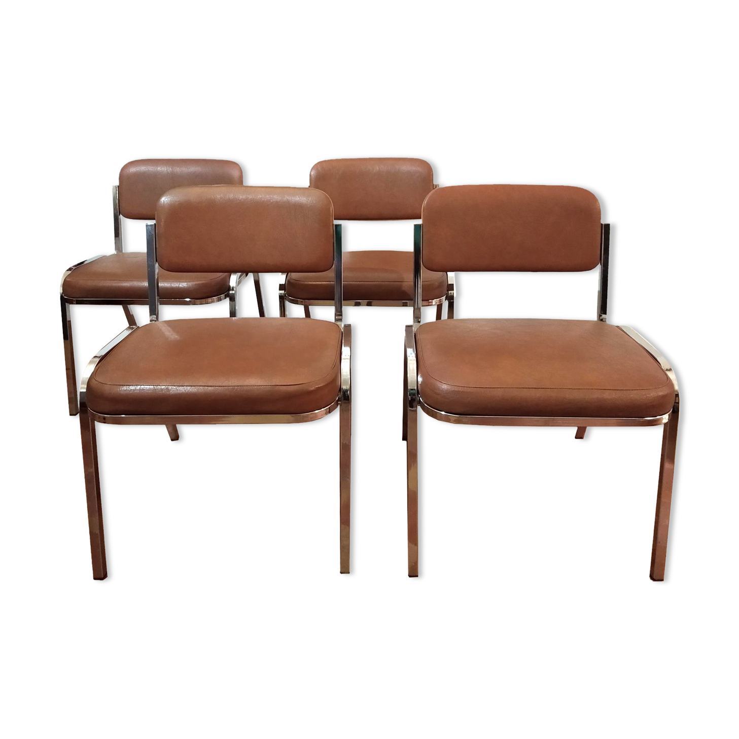 Set of 4 chairs chrome and skaï brown 70s