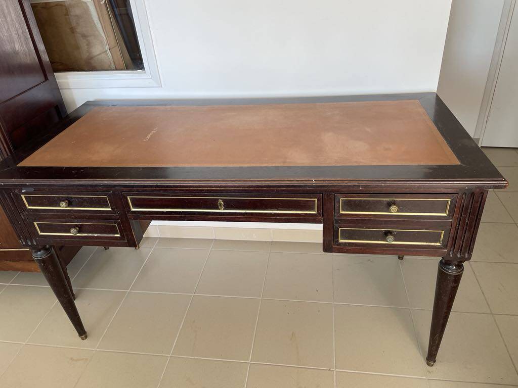 Antique Louis XVI style desk – solid wood + leather + extensions
