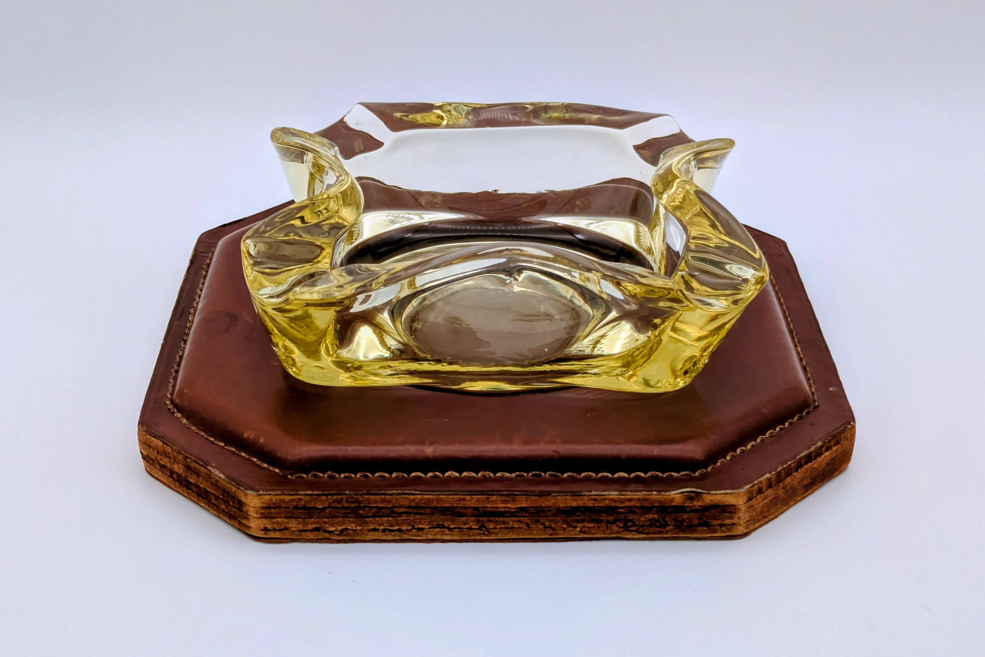 Ashtray / Catch-all Mid-Century Solid Glass Murano Style & Leather 1960