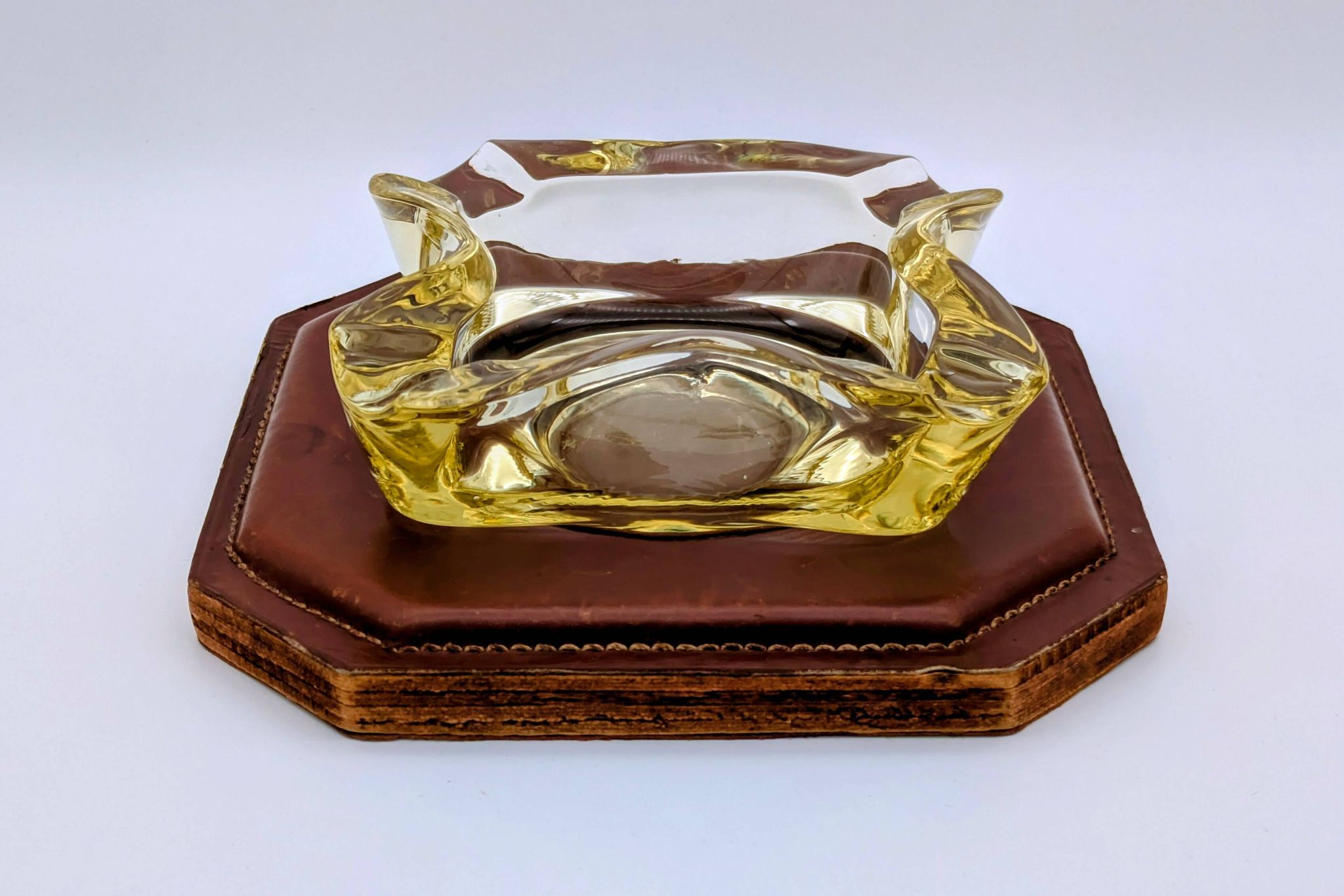 Ashtray / Catch-all Mid-Century Solid Glass Murano Style & Leather 1960