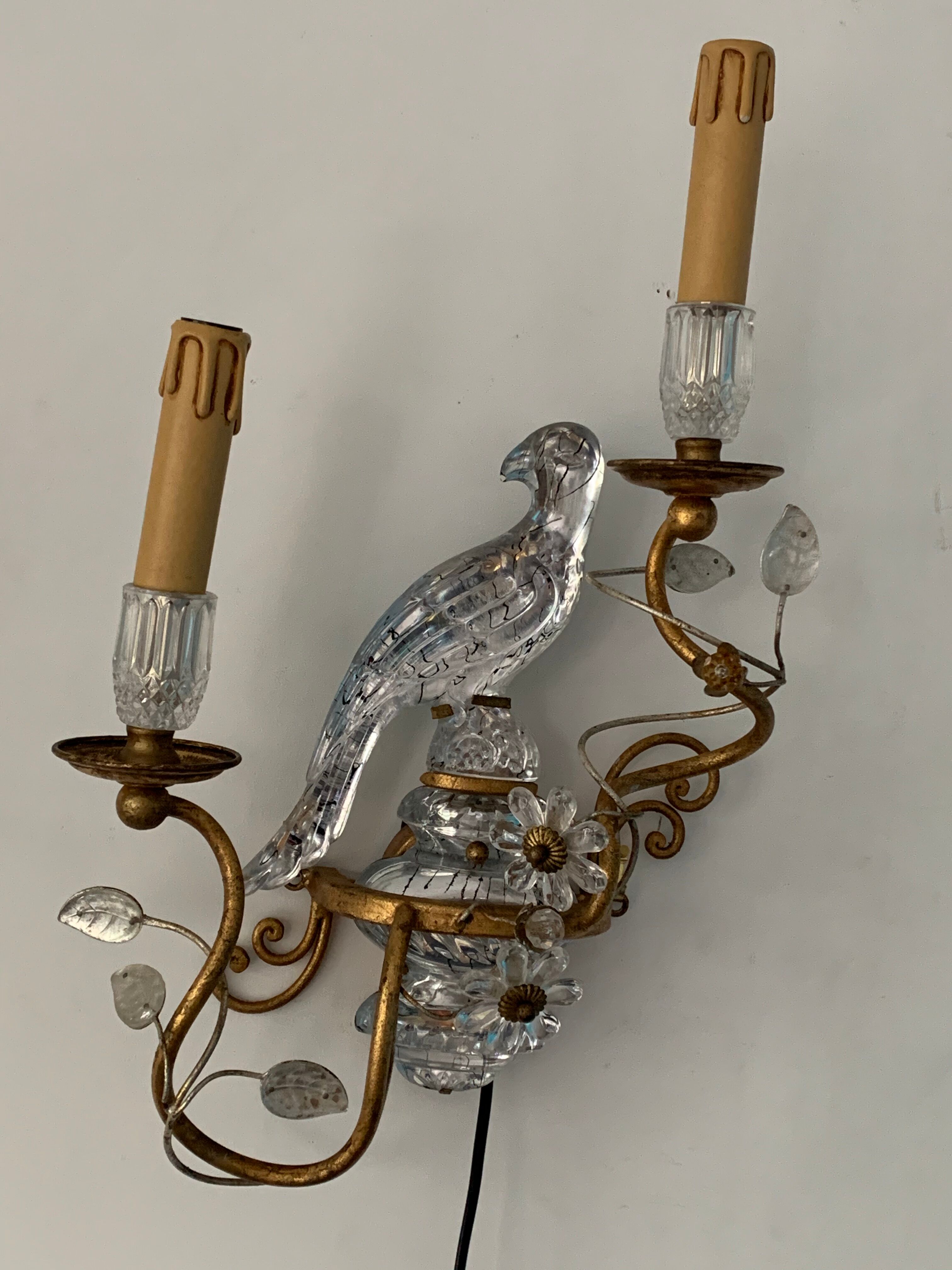 Pair of parrot crystal or parakeet wall sconces Maison Baguès 1950