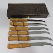 Cheese cutlery set of 6 pieces, bamboo and stainless steel, Italy 1960s