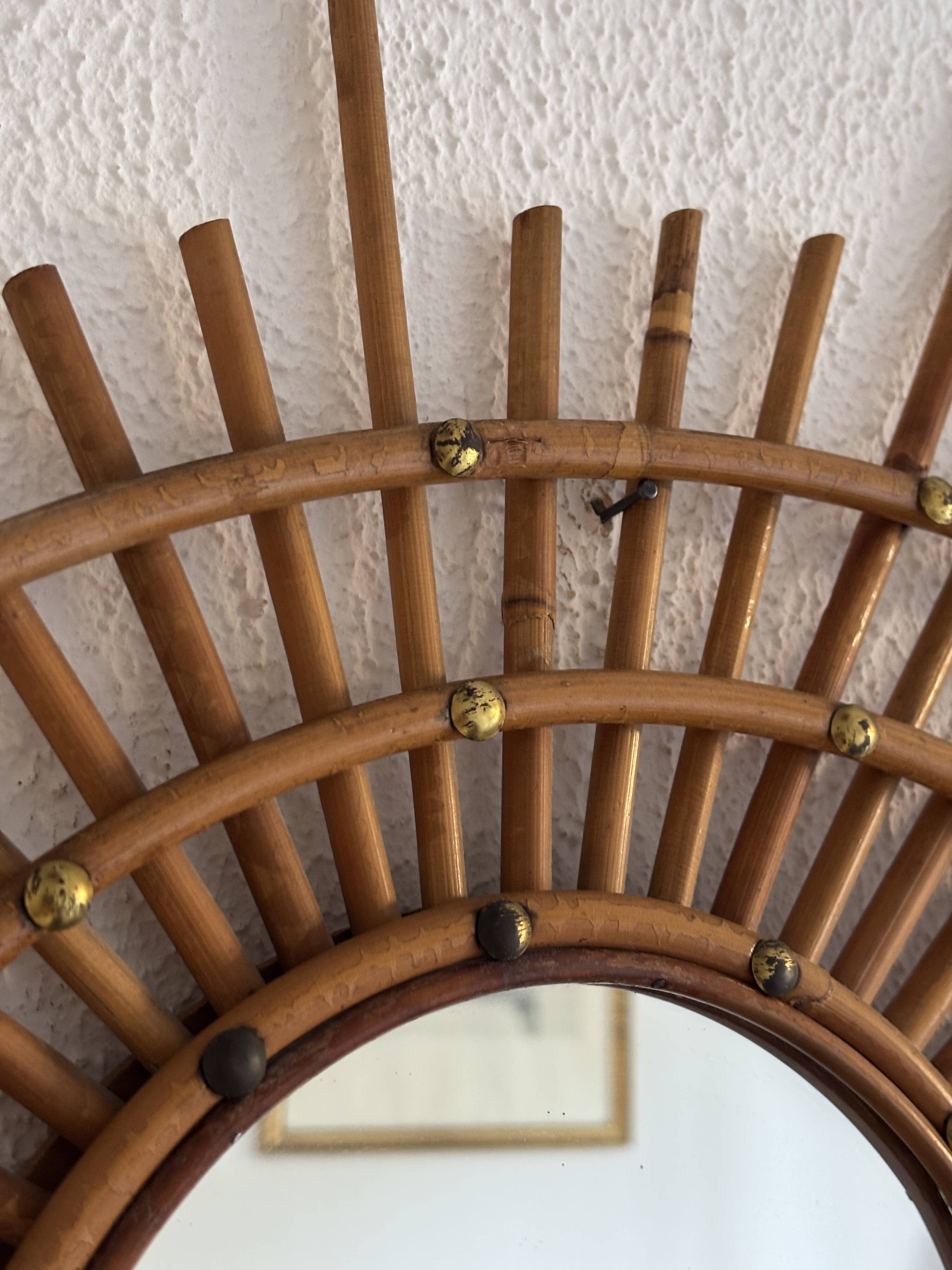 Vintage 1960s sun mirror, rattan, ORTF style, spiral eye - 66 x 50 cm