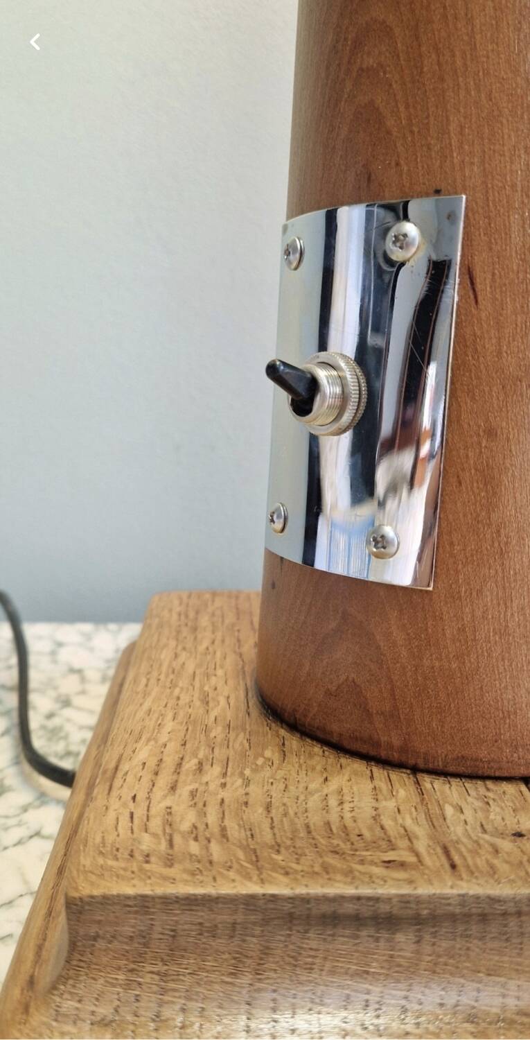 Modernist sculptural lamp wood/chrome/hammered brass - 1970s era