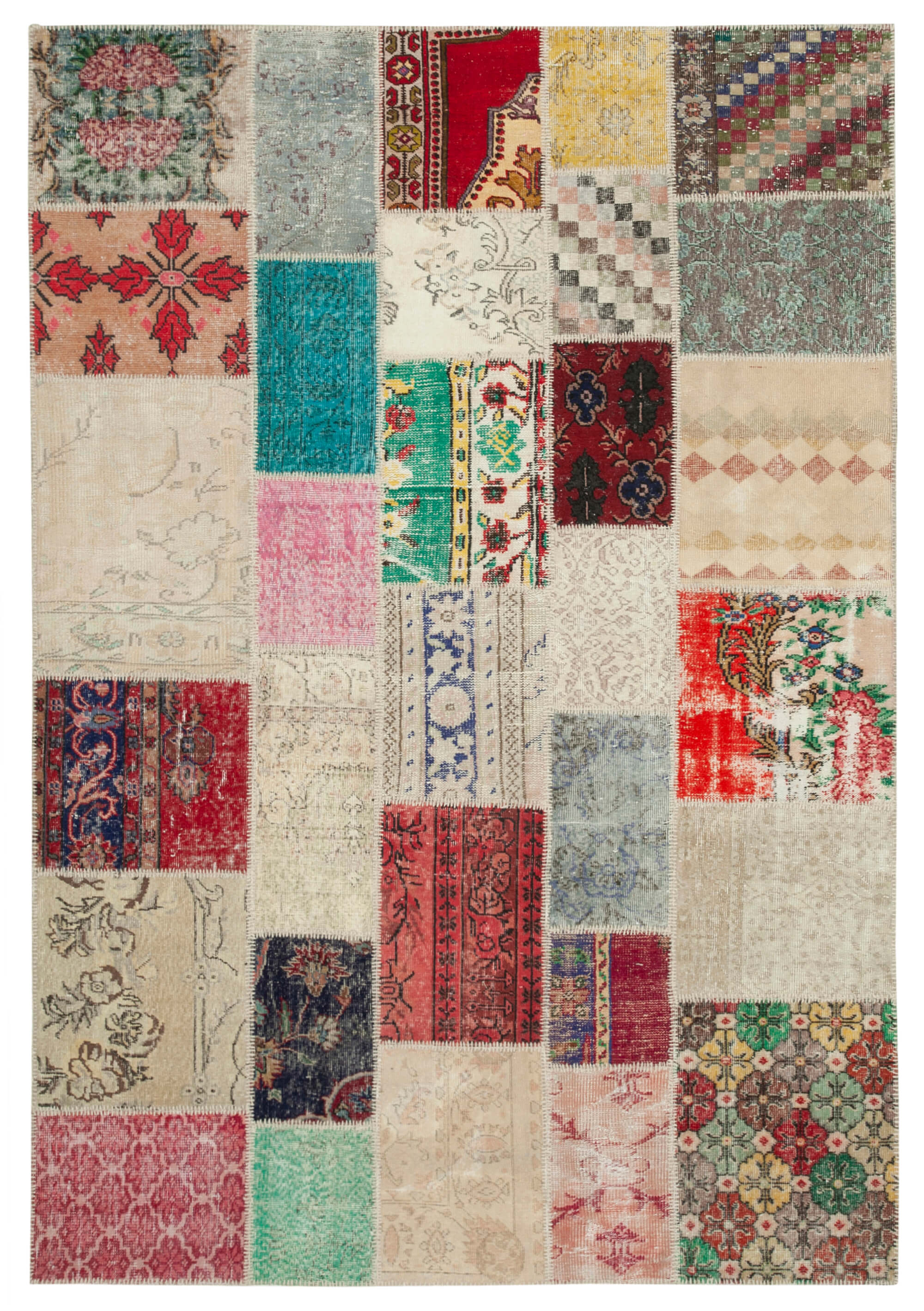 Handmade anatolian overdyed 204 cm x 296 cm multicolor patchwork carpet