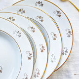 4 white porcelain L'Amandinoise soup plates with gold floral pattern