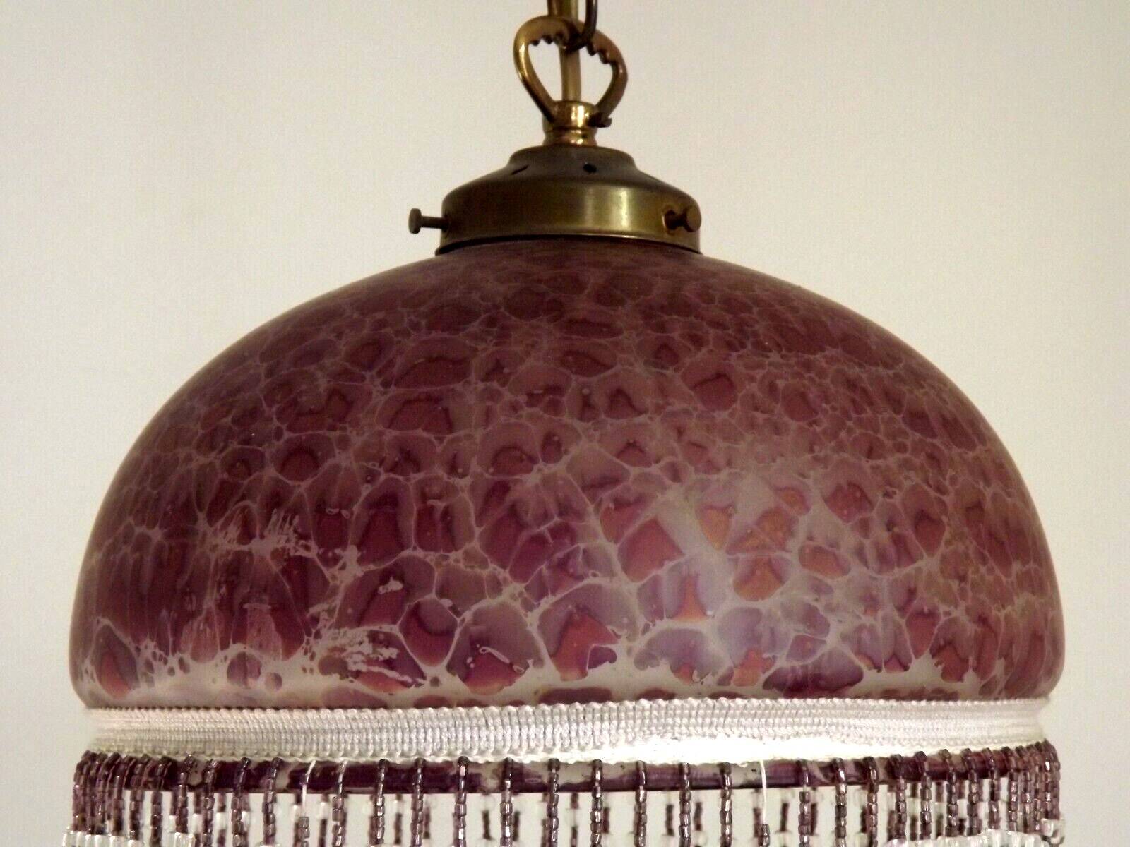 French Mid Century Purple Art Glass Ceiling Light Beaded Fringed Shade 4491