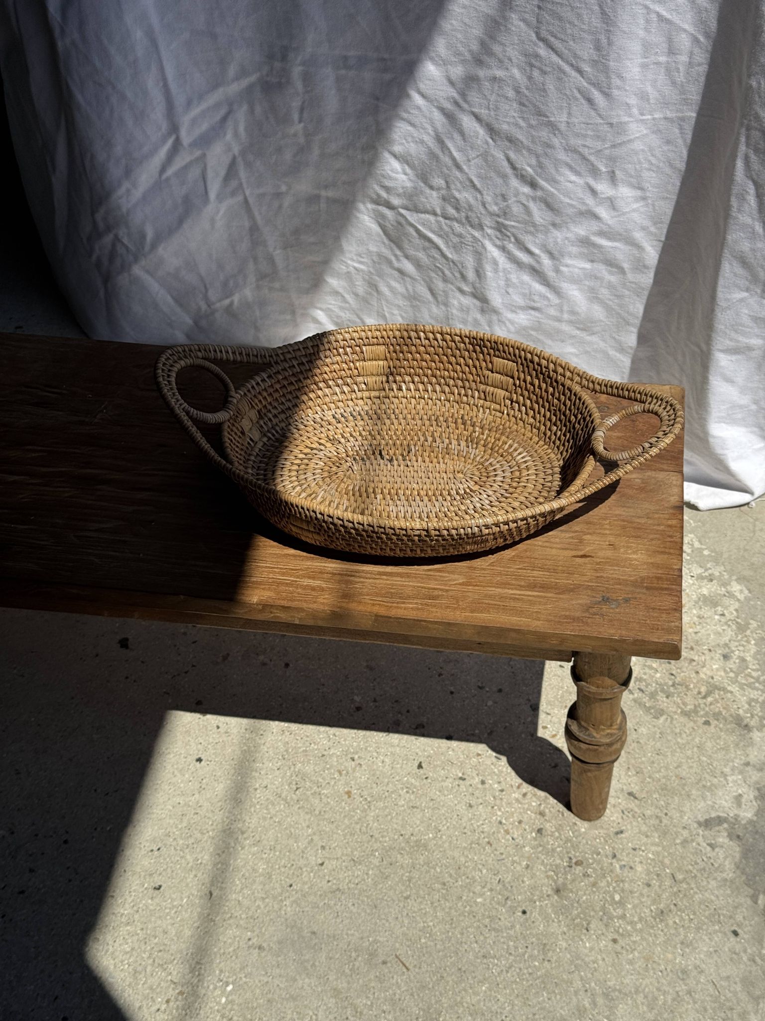 Large flat oval woven rattan basket with handles, Indonesian L53x64