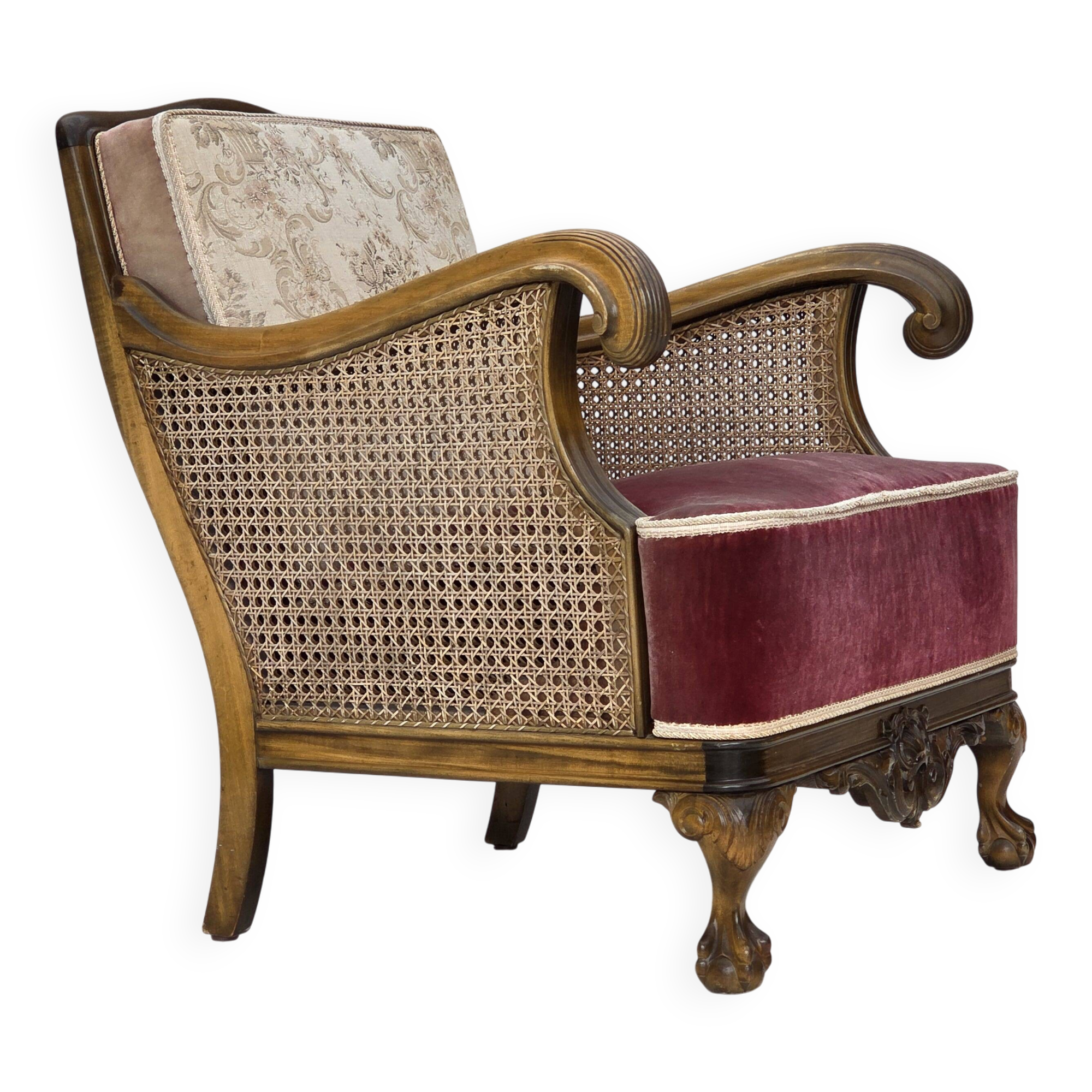 1940s, Danish armchair, woven wool, velour, mesh, carved oak wood.