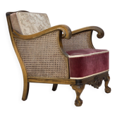 Fauteuil danois des années 1940, en laine tissée, velours, maille, bois de chêne sculpté.