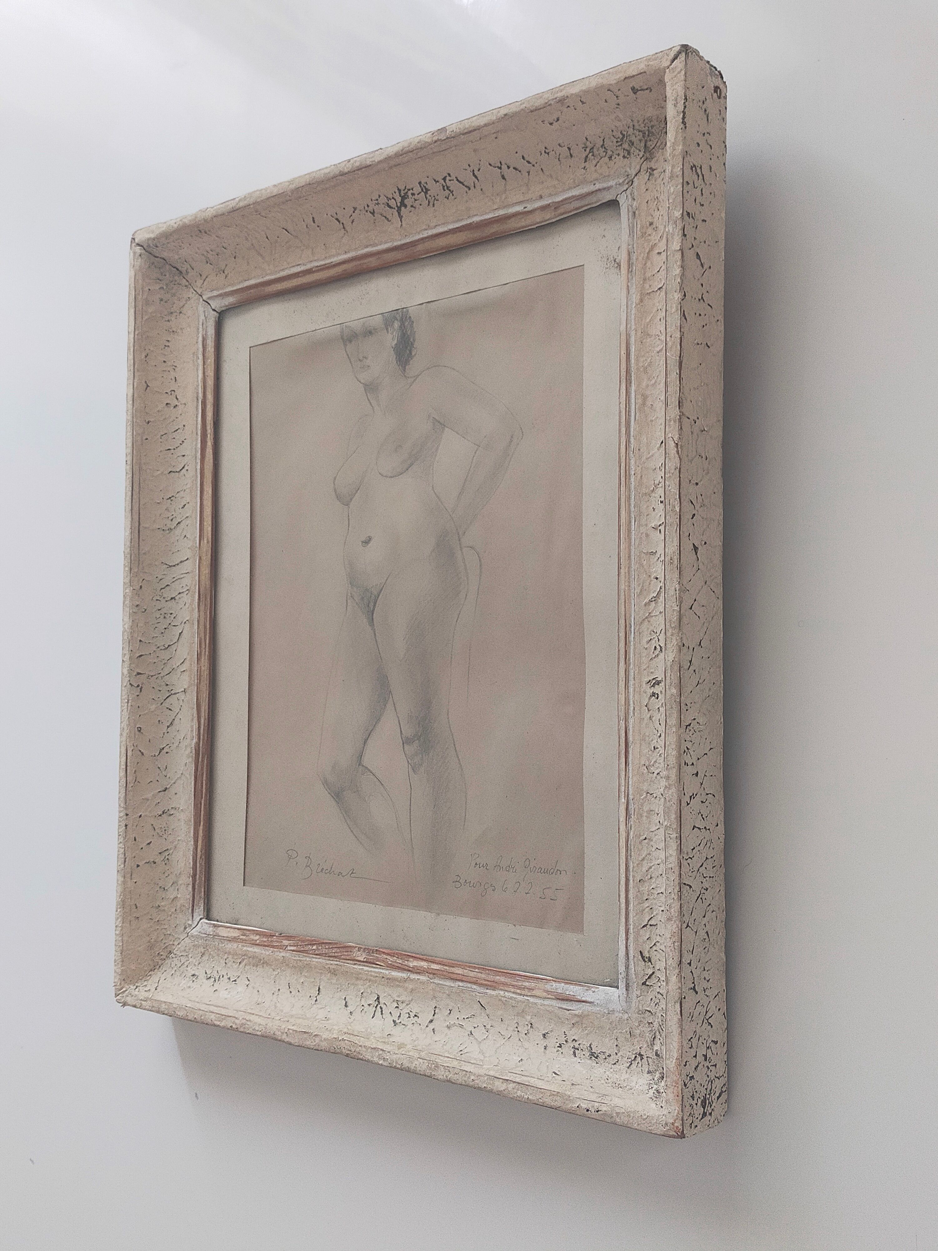 Drawing Female Nude signed P. Bréchat 1955