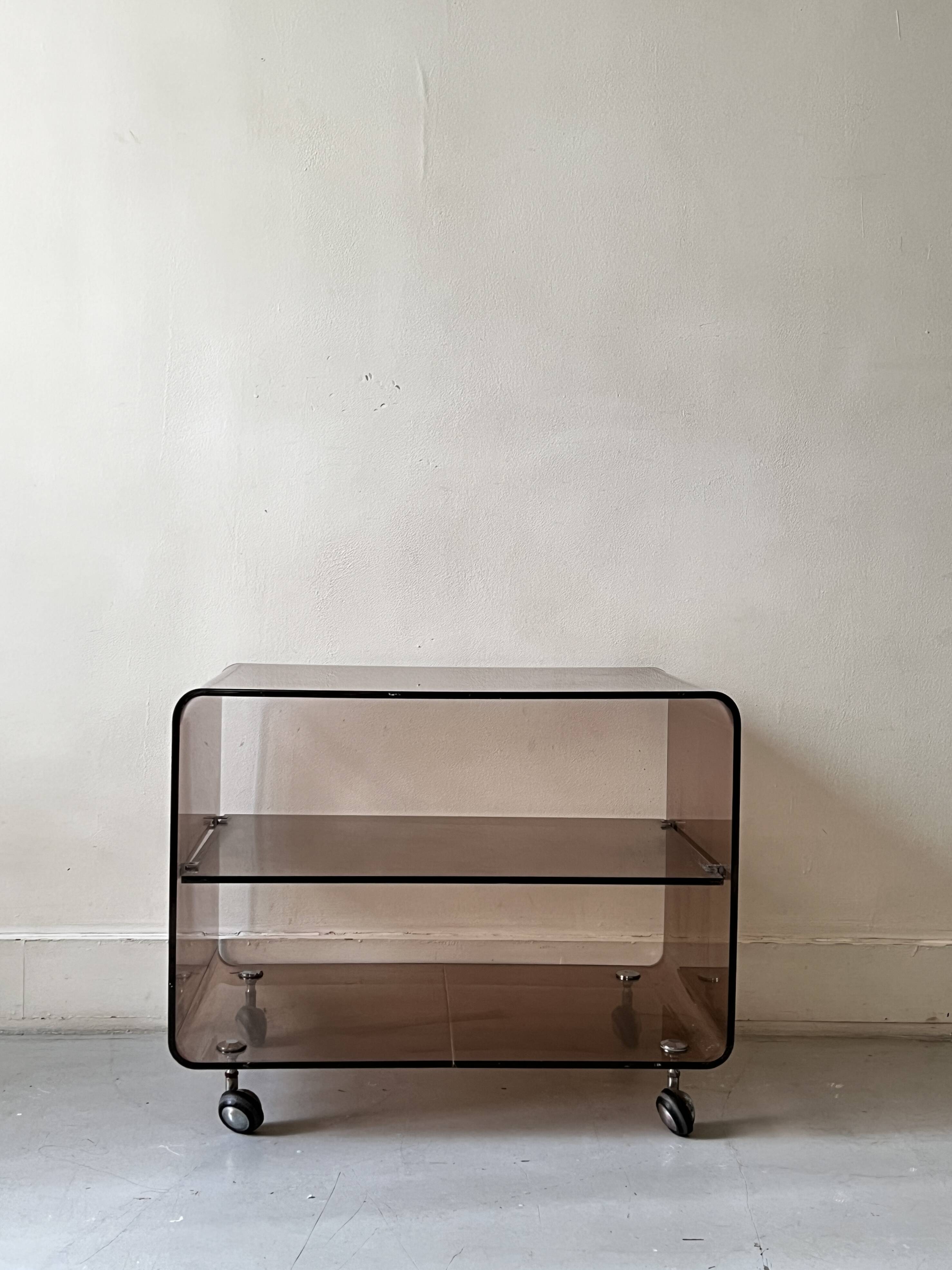 Smoked plexiglass TV/HiFi unit by M. Dumas for Roche Bobois, 1970