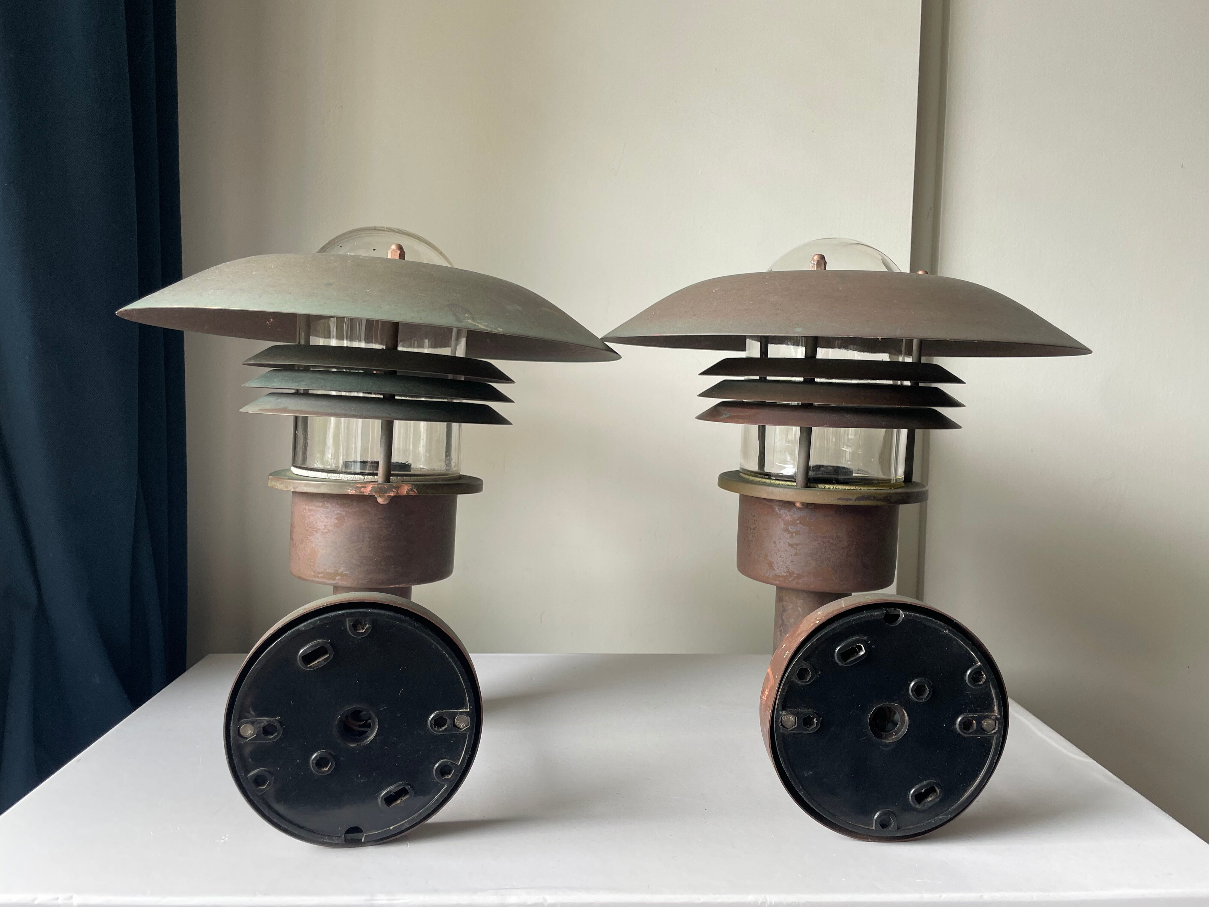 Pair of classic danish vintage  outdoor wall lamps in copper